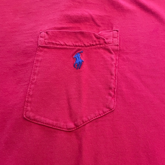 Men’s Polo T-Shirt. Red with front pocket and blue pony. Size Large. - Picture 3 of 4